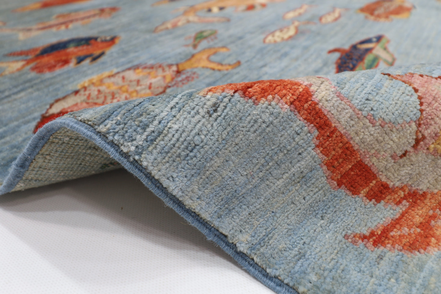176 x 240 cm | Oriental Fish Blue Area Rug Afghan Hand Knotted Veg Dye Wool carpet