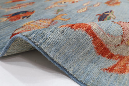 176 x 240 cm | Oriental Fish Blue Area Rug Afghan Hand Knotted Veg Dye Wool carpet