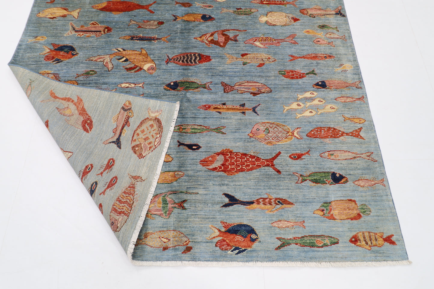 176 x 240 cm | Oriental Fish Blue Area Rug Afghan Hand Knotted Veg Dye Wool carpet
