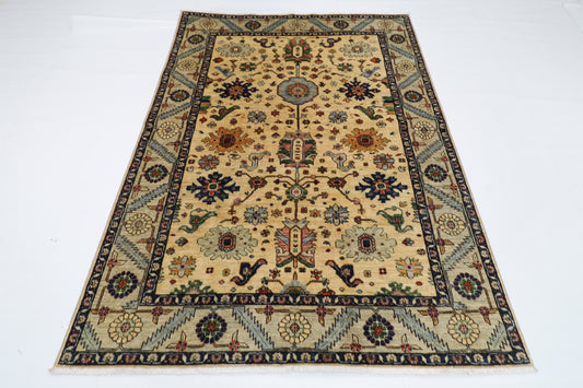 157 x 215 cm | Oriental Floral Beige Area Rug Afghan Hand Knotted Veg Dye Wool carpet