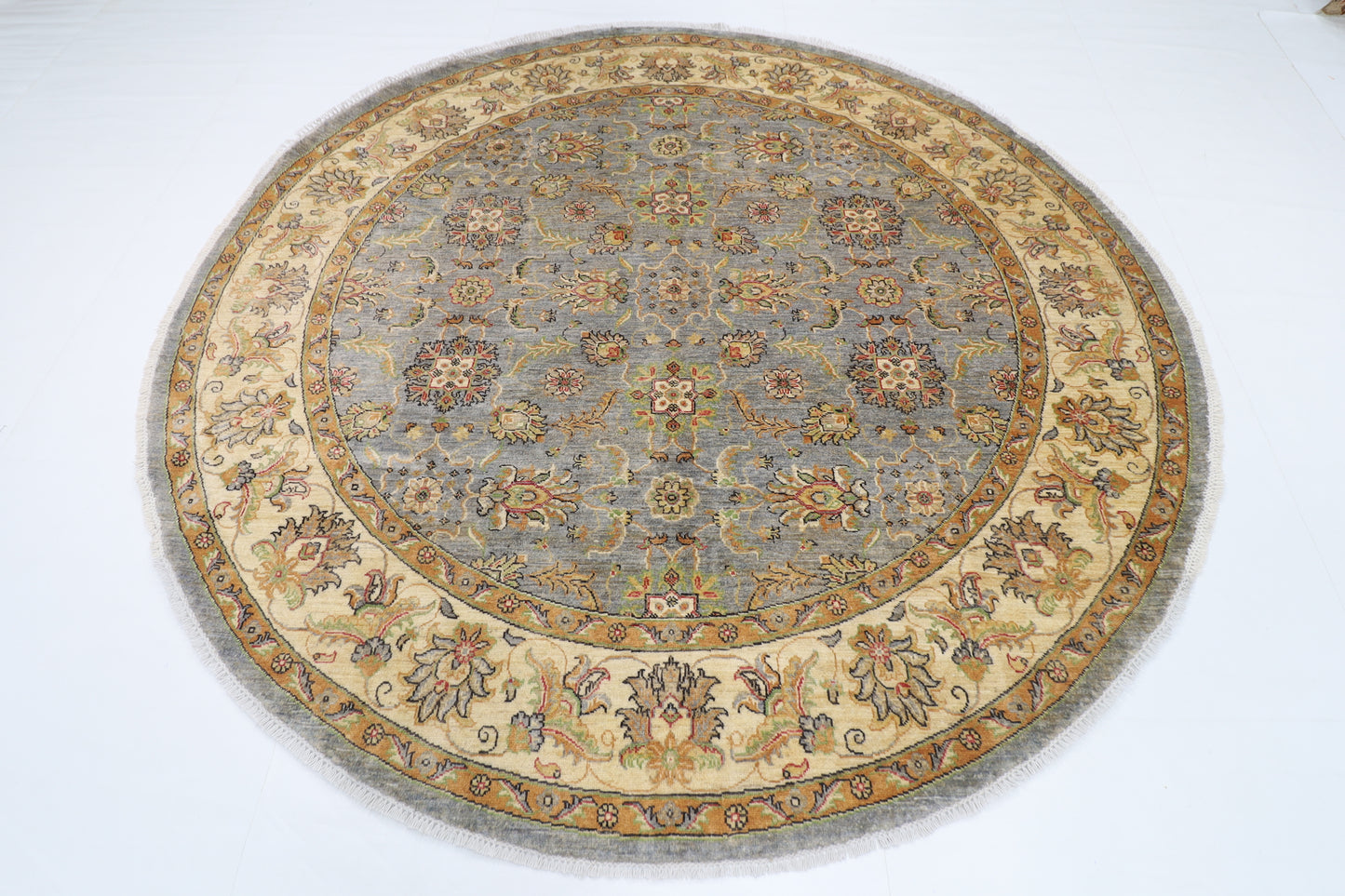 242 x 241 cm | Oriental Floral Gray Round Rug Afghan Hand Knotted Veg Dye Wool carpet