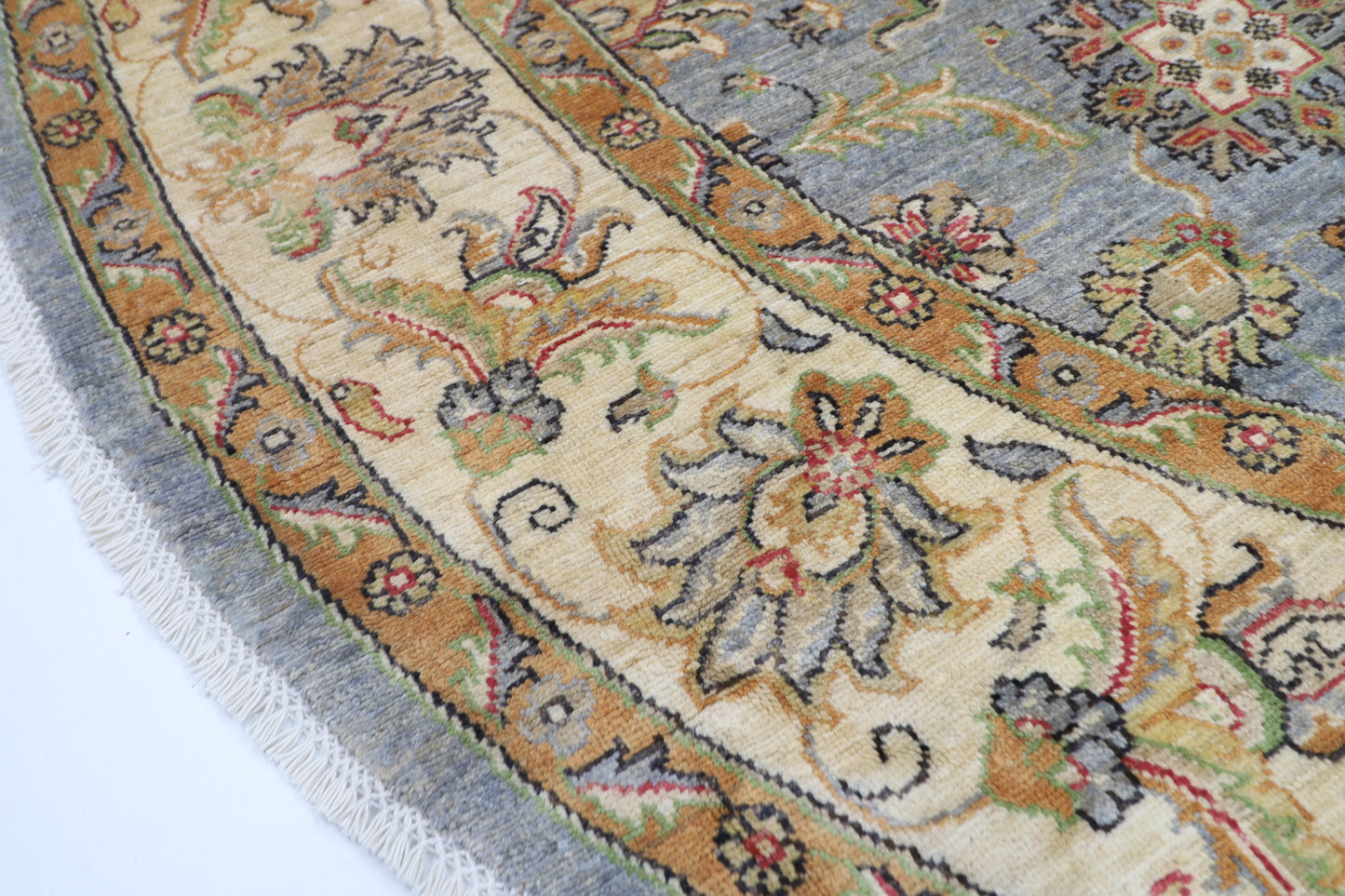 242 x 241 cm | Oriental Floral Gray Round Rug Afghan Hand Knotted Veg Dye Wool carpet