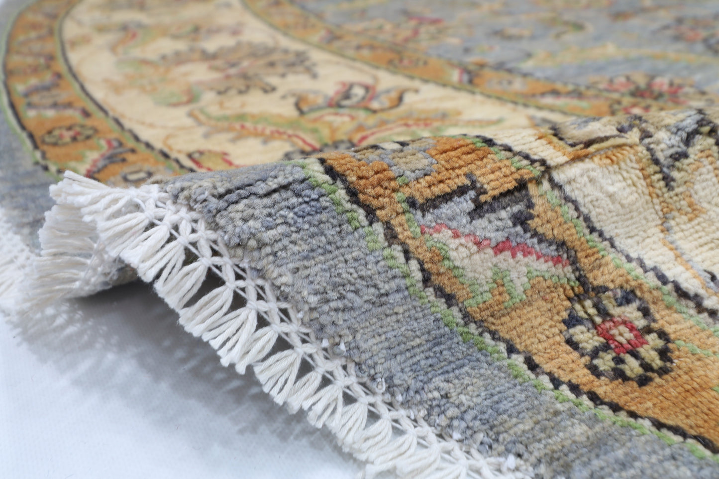242 x 241 cm | Oriental Floral Gray Round Rug Afghan Hand Knotted Veg Dye Wool carpet