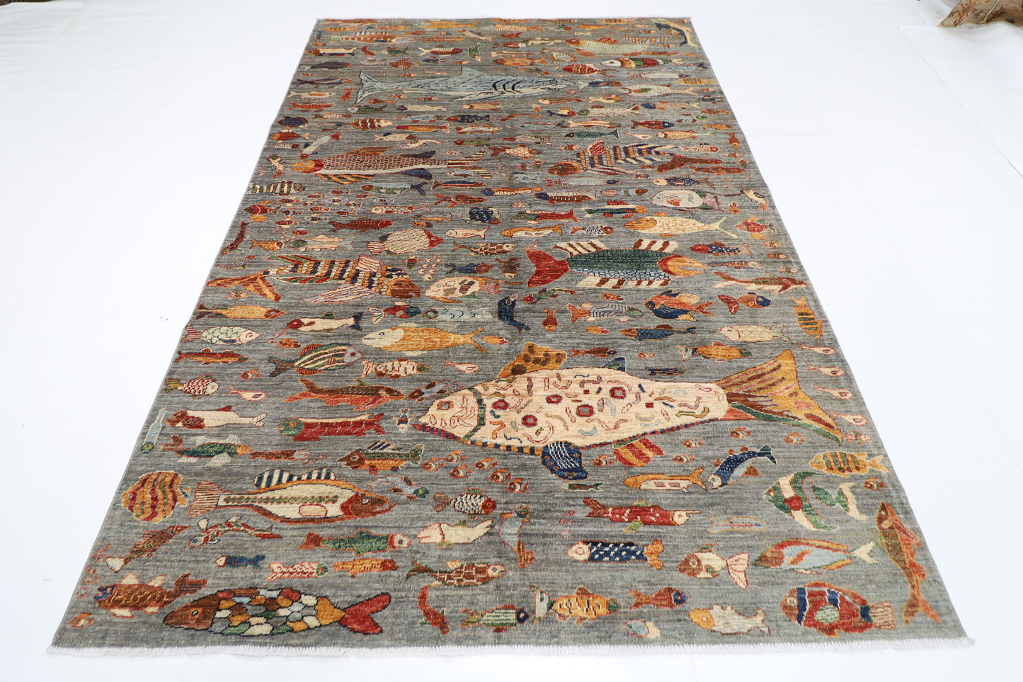 184 x 272 cm | Oriental Fish Gray Area Rug Afghan Hand Knotted Veg Dye Wool carpet