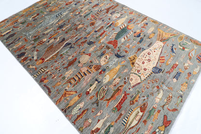 184 x 272 cm | Oriental Fish Gray Area Rug Afghan Hand Knotted Veg Dye Wool carpet