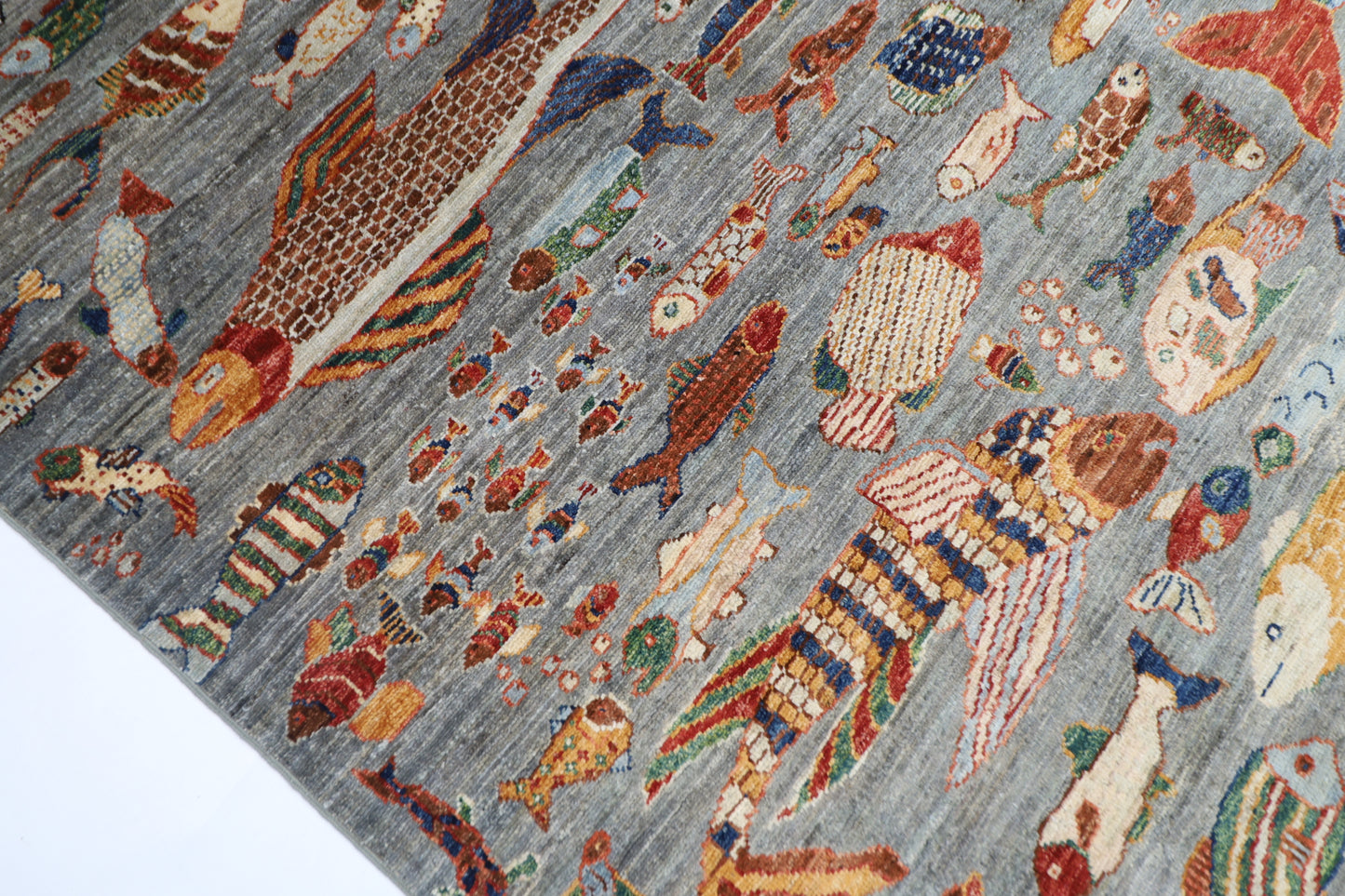 184 x 272 cm | Oriental Fish Gray Area Rug Afghan Hand Knotted Veg Dye Wool carpet
