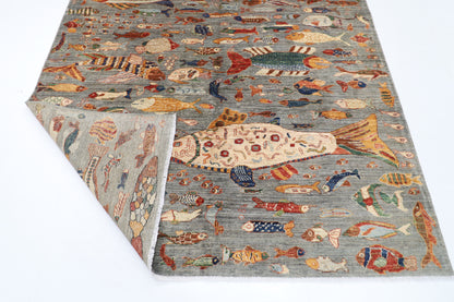 184 x 272 cm | Oriental Fish Gray Area Rug Afghan Hand Knotted Veg Dye Wool carpet