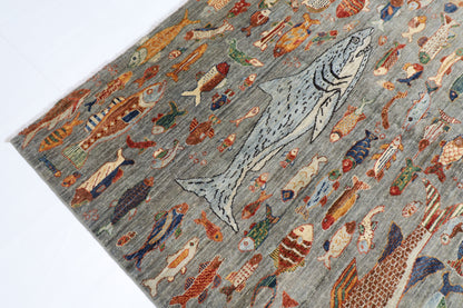 184 x 272 cm | Oriental Fish Gray Area Rug Afghan Hand Knotted Veg Dye Wool carpet