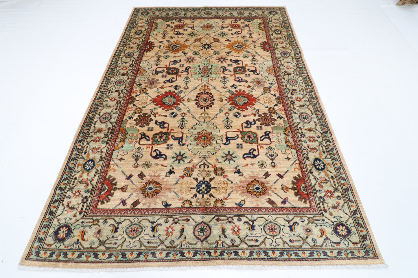 179 x 268 cm | Oriental Floral beige Area Rug Afghan Hand Knotted Veg Dye Wool carpet