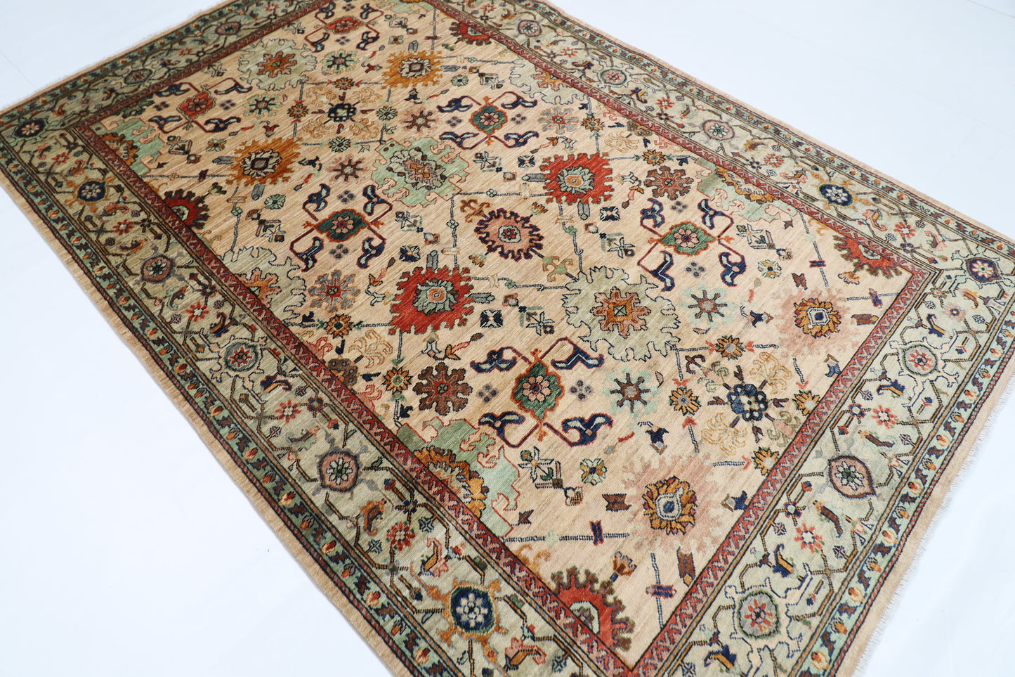 179 x 268 cm | Oriental Floral beige Area Rug Afghan Hand Knotted Veg Dye Wool carpet