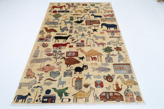 168 x 242 cm | Oriental Animal beige Area Rug Afghan Hand Knotted Veg Dye Wool carpet