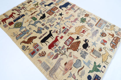 168 x 242 cm | Oriental Animal beige Area Rug Afghan Hand Knotted Veg Dye Wool carpet