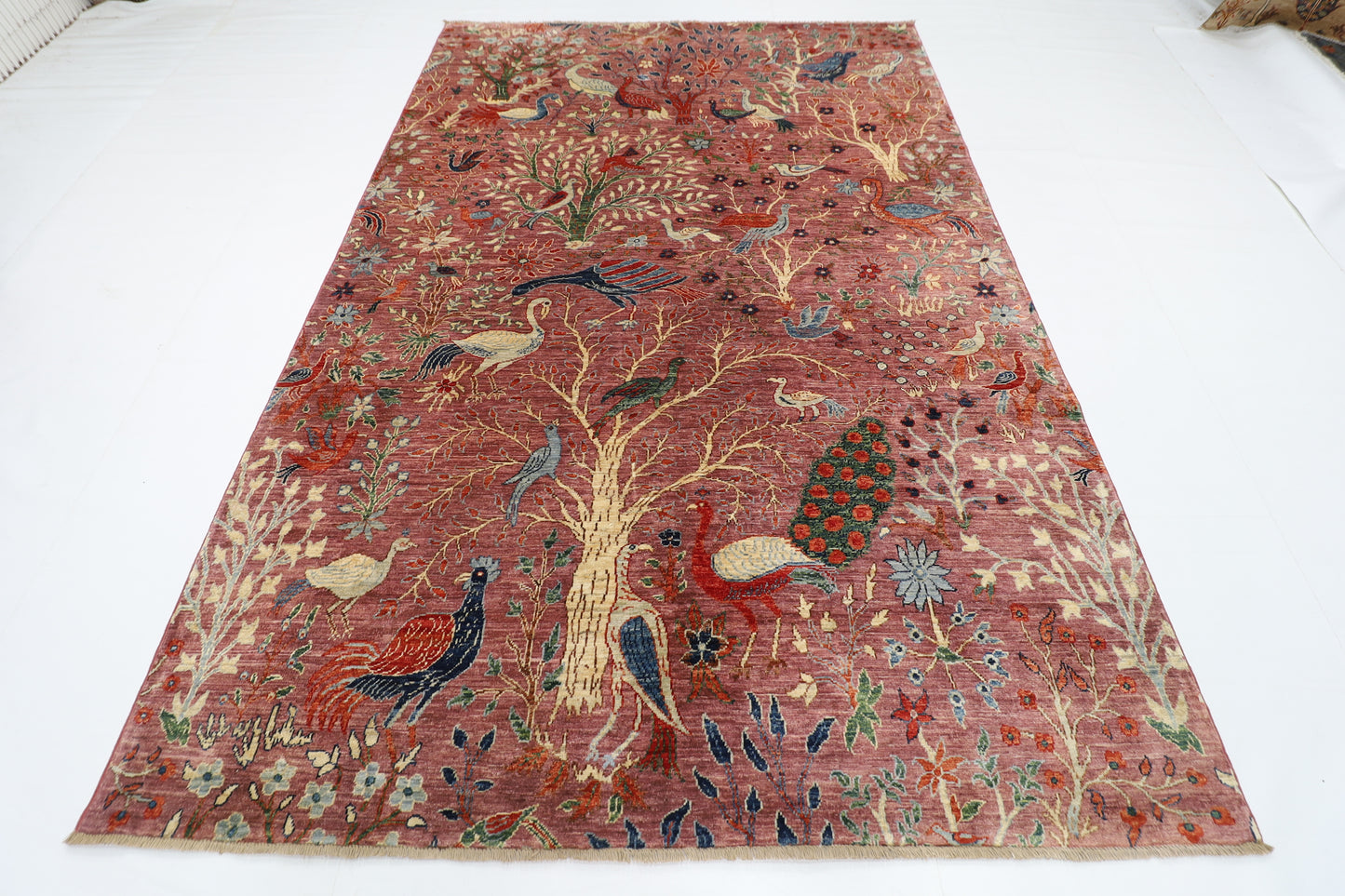 202 x 295 cm | Oriental Birds Pink Area Rug Afghan Hand Knotted Veg Dye Wool carpet
