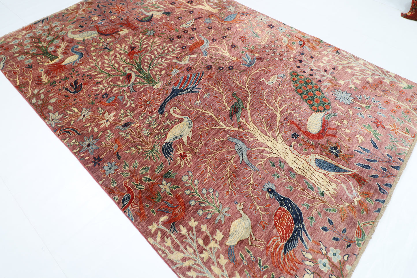 202 x 295 cm | Oriental Birds Pink Area Rug Afghan Hand Knotted Veg Dye Wool carpet