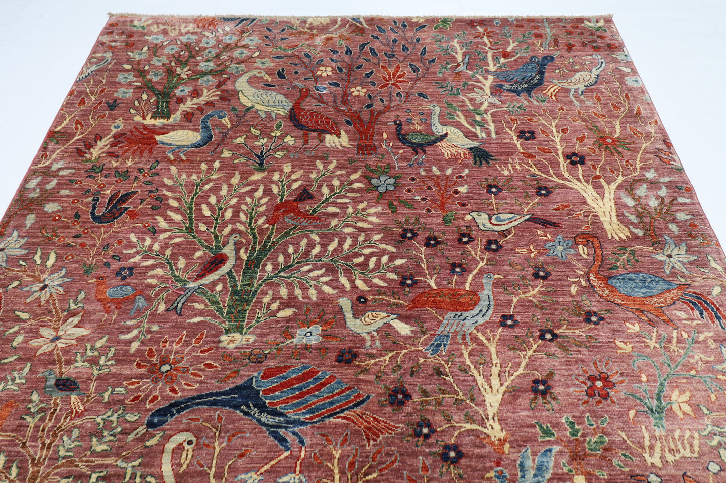 202 x 295 cm | Oriental Birds Pink Area Rug Afghan Hand Knotted Veg Dye Wool carpet