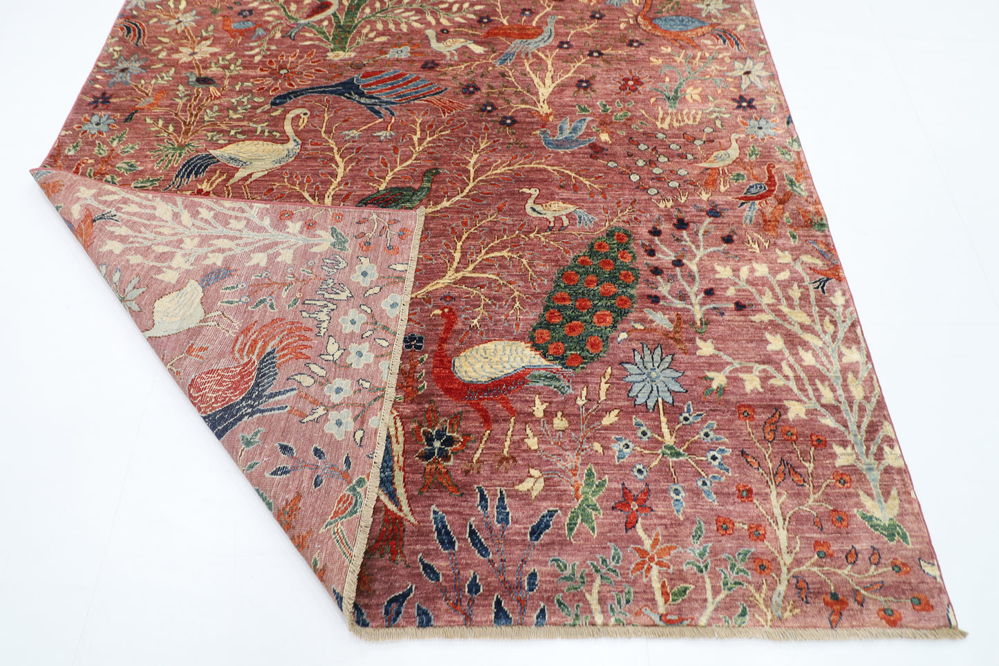 202 x 295 cm | Oriental Birds Pink Area Rug Afghan Hand Knotted Veg Dye Wool carpet