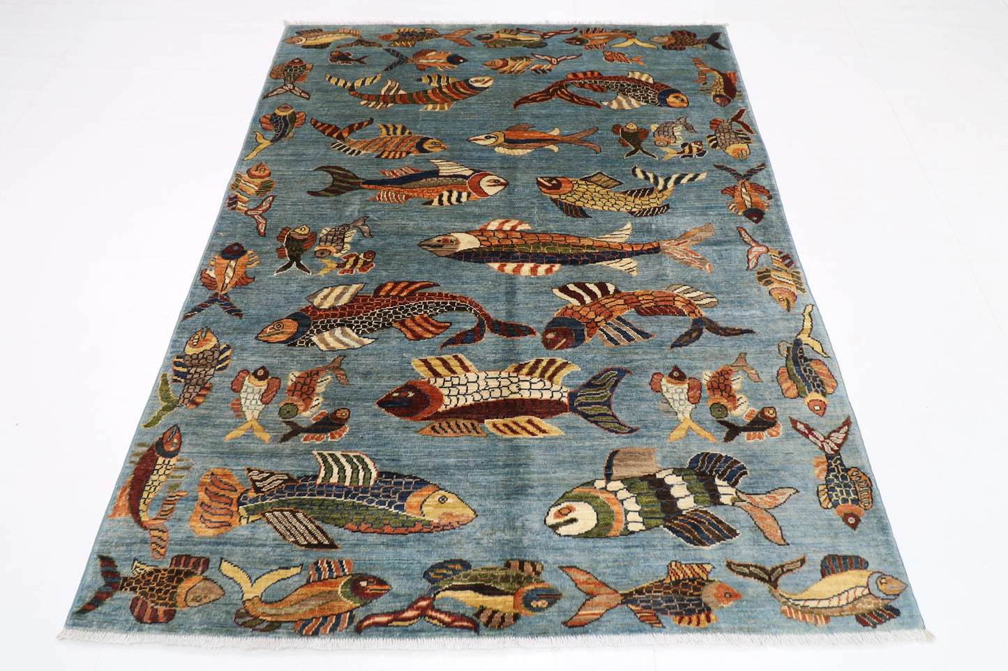 156 x 199 cm | Oriental Fish Blue Area Rug Afghan Hand Knotted Veg Dye Wool carpet