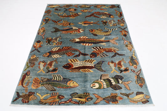 156 x 199 cm | Oriental Fish Blue Area Rug Afghan Hand Knotted Veg Dye Wool carpet