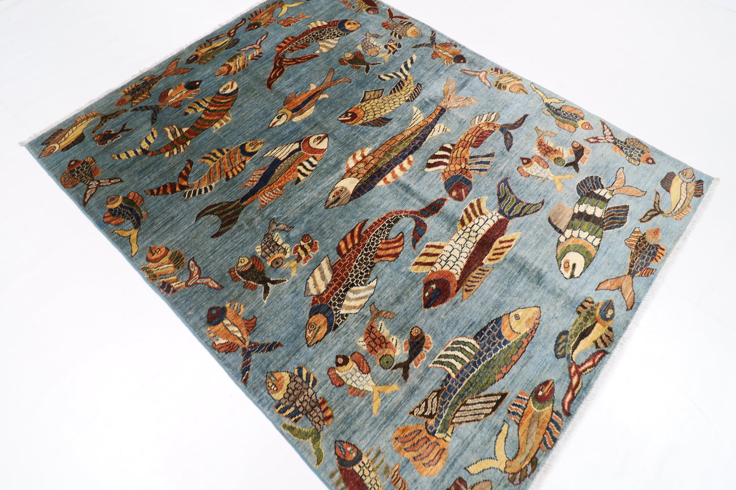156 x 199 cm | Oriental Fish Blue Area Rug Afghan Hand Knotted Veg Dye Wool carpet