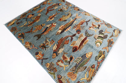 156 x 199 cm | Oriental Fish Blue Area Rug Afghan Hand Knotted Veg Dye Wool carpet
