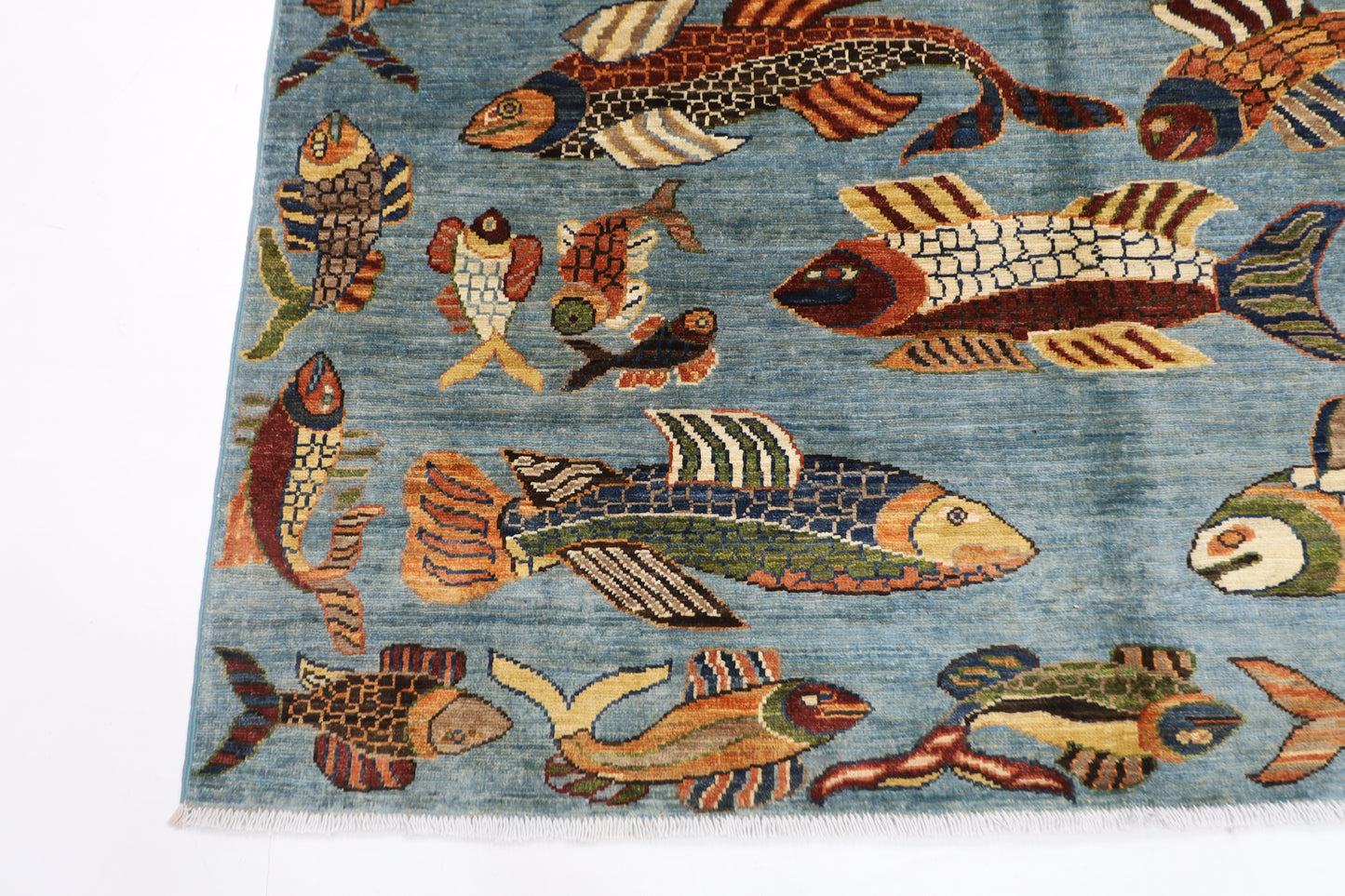 156 x 199 cm | Oriental Fish Blue Area Rug Afghan Hand Knotted Veg Dye Wool carpet