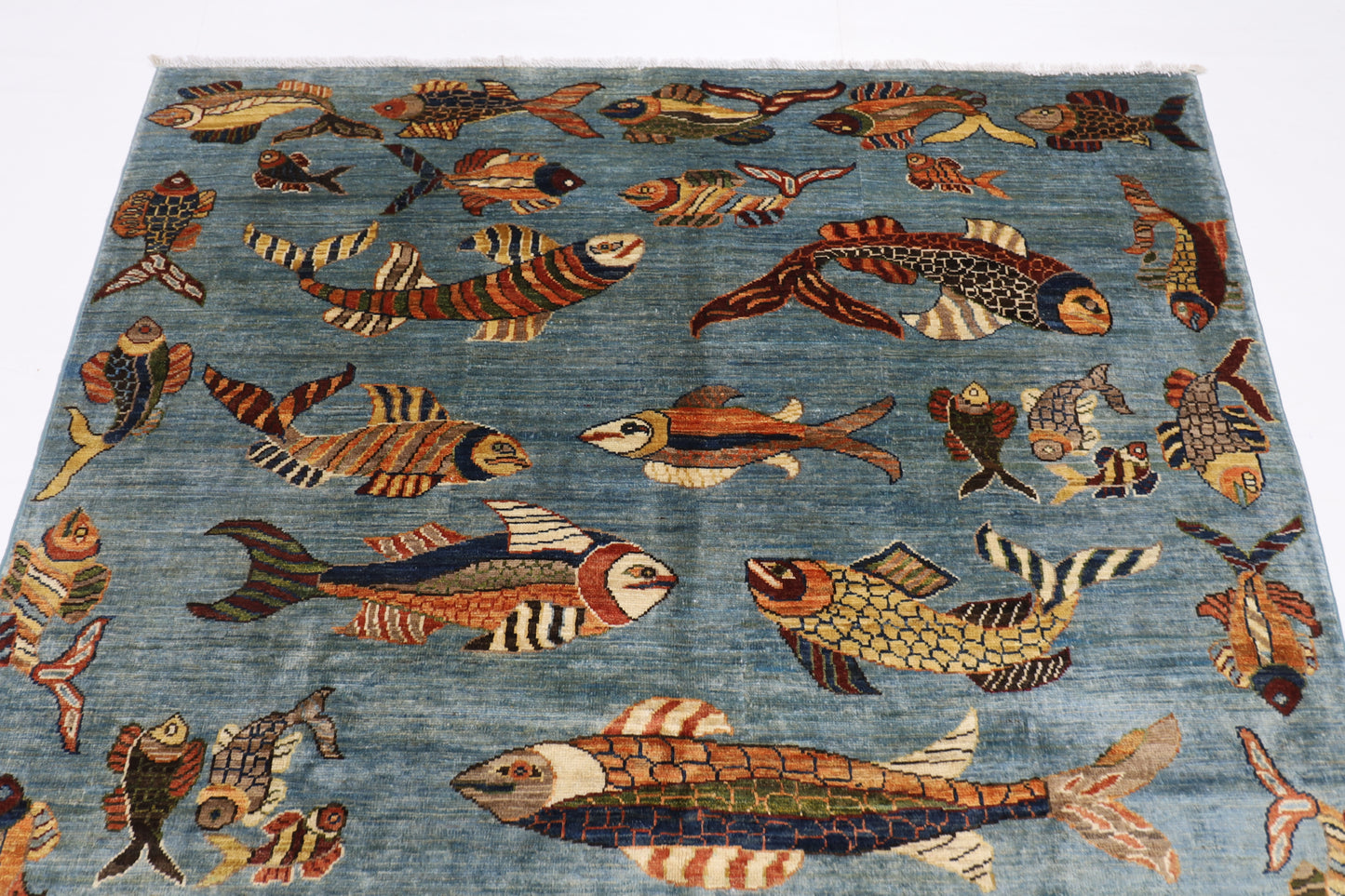 156 x 199 cm | Oriental Fish Blue Area Rug Afghan Hand Knotted Veg Dye Wool carpet