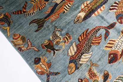 156 x 199 cm | Oriental Fish Blue Area Rug Afghan Hand Knotted Veg Dye Wool carpet