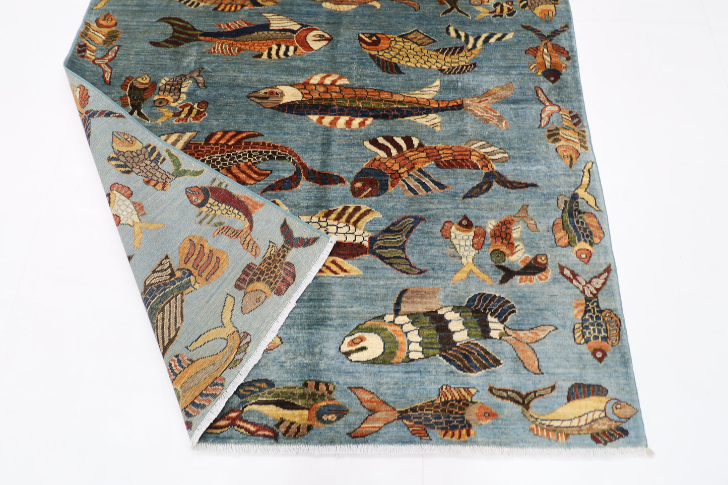 156 x 199 cm | Oriental Fish Blue Area Rug Afghan Hand Knotted Veg Dye Wool carpet
