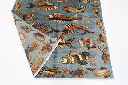 156 x 199 cm | Oriental Fish Blue Area Rug Afghan Hand Knotted Veg Dye Wool carpet