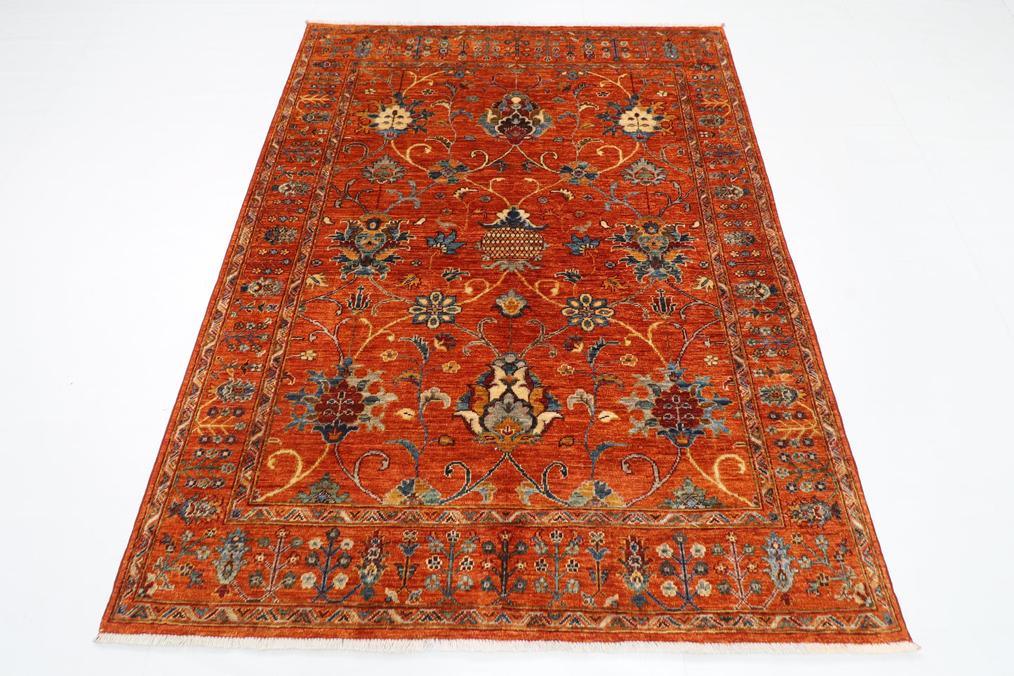 152 x 196 cm | Oriental Floral Orange Area Rug Afghan Hand Knotted Veg Dye Wool carpet