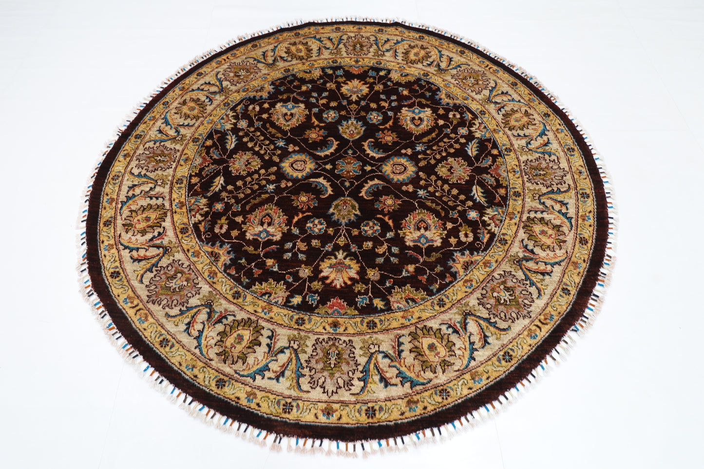 181 x 183 cm | Oriental Floral Brown Round Rug Afghan Hand Knotted Veg Dye Wool carpet (Copy)
