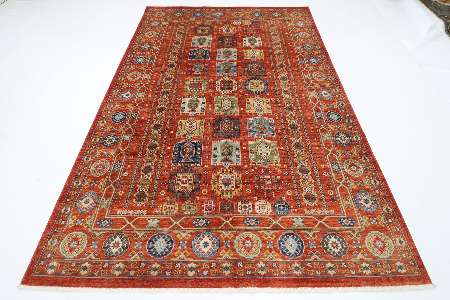 198 x 296 cm | Tribal Waziri Orange Area Rug Afghan Hand Knotted Veg Dye Wool carpet