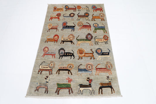99 x 150 cm | Lion Gray Tribal Area Rug Afghan Hand Knotted veg Dye Wool carpet