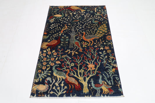 100 x 148 cm | Birds Blue Tribal Area Rug Afghan Hand Knotted veg Dye Wool carpet