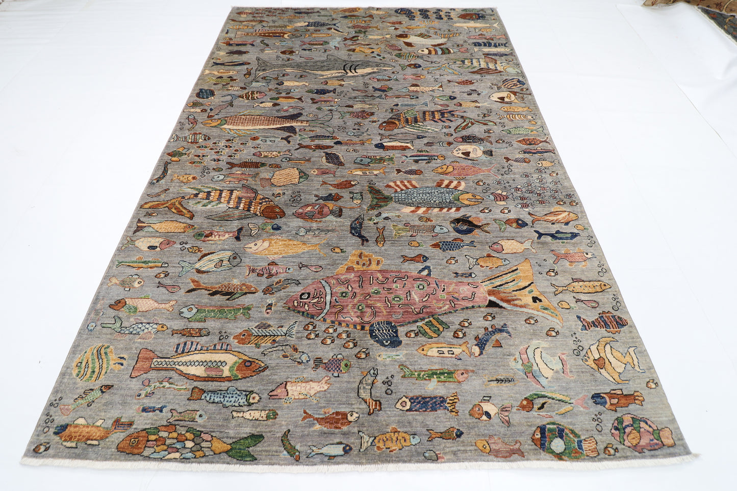 197 x 295 cm | Tribal Fish Gray Area Rug Afghan Hand Knotted Veg Dye Wool carpet