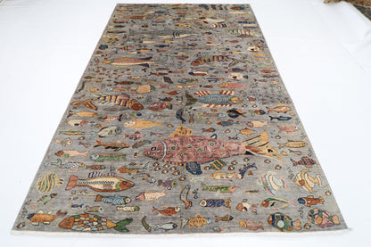 197 x 295 cm | Tribal Fish Gray Area Rug Afghan Hand Knotted Veg Dye Wool carpet