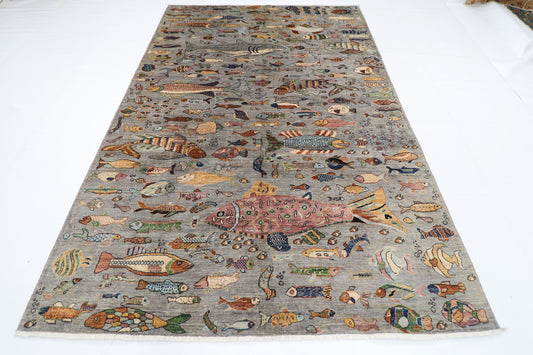 197 x 295 cm | Tribal Fish Gray Area Rug Afghan Hand Knotted Veg Dye Wool carpet