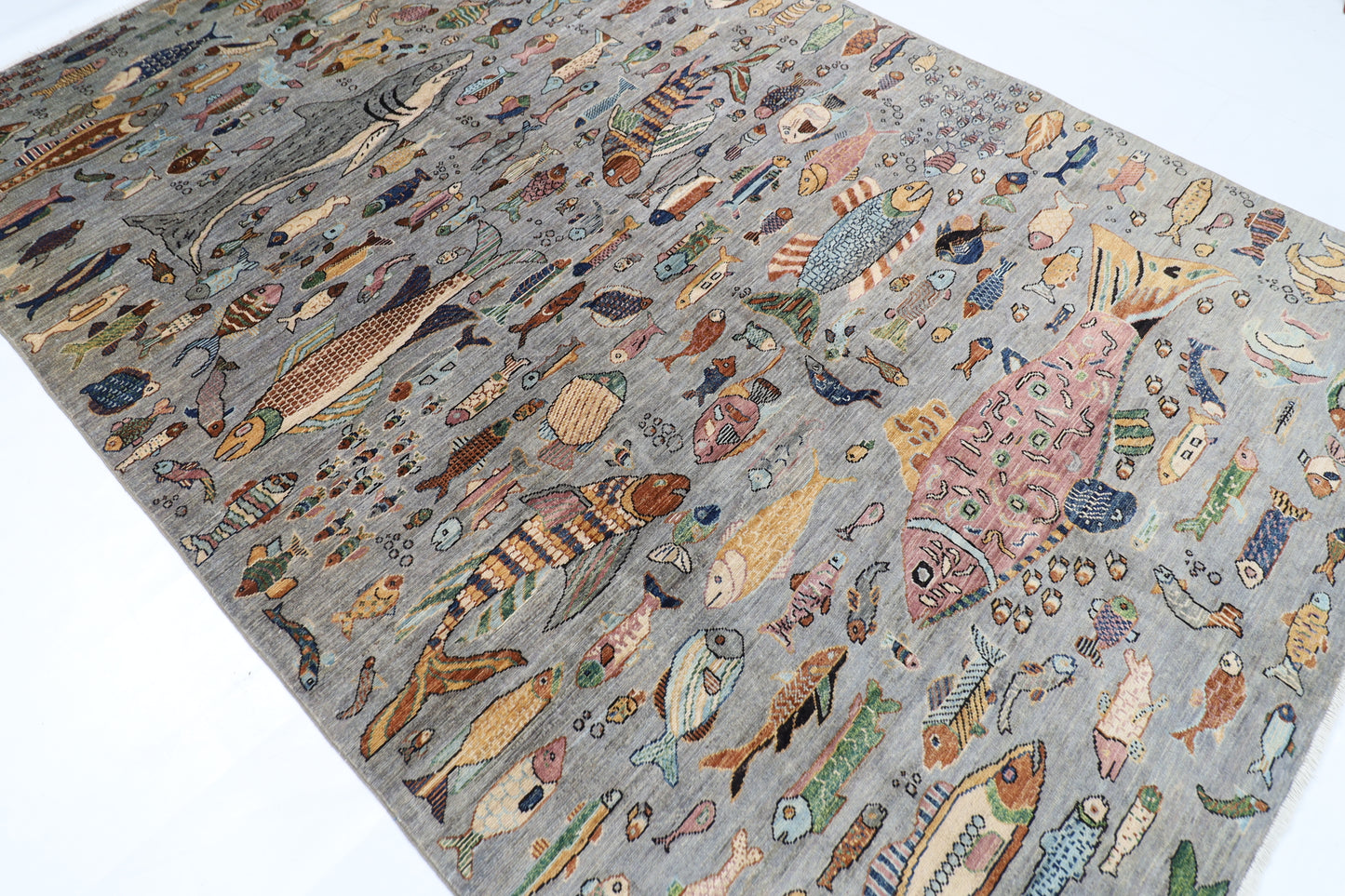 197 x 295 cm | Tribal Fish Gray Area Rug Afghan Hand Knotted Veg Dye Wool carpet
