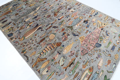 197 x 295 cm | Tribal Fish Gray Area Rug Afghan Hand Knotted Veg Dye Wool carpet