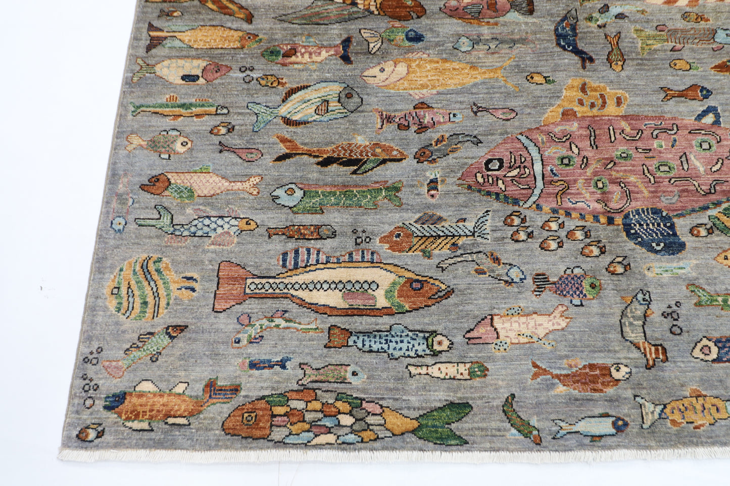 197 x 295 cm | Tribal Fish Gray Area Rug Afghan Hand Knotted Veg Dye Wool carpet