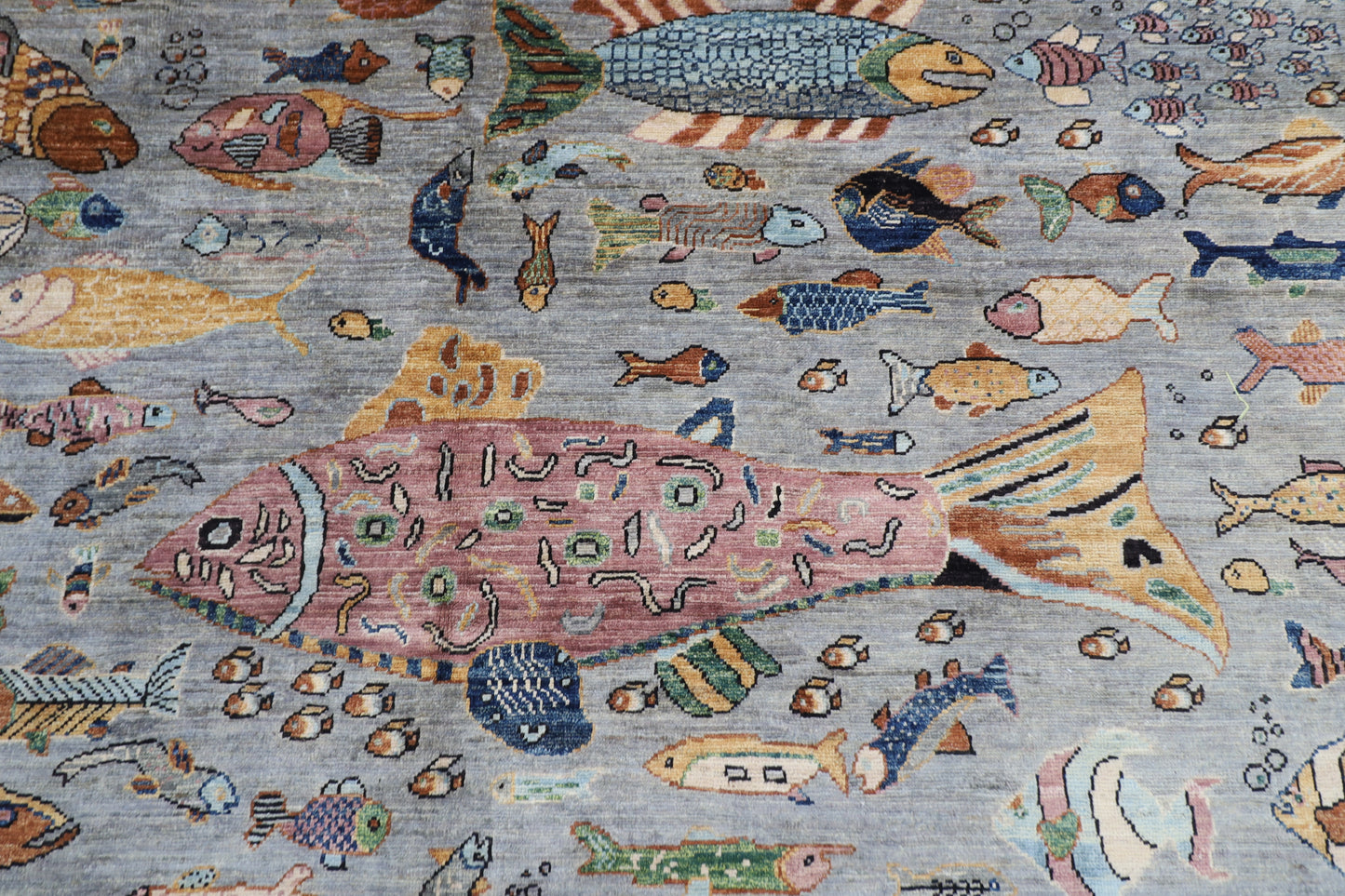 197 x 295 cm | Tribal Fish Gray Area Rug Afghan Hand Knotted Veg Dye Wool carpet