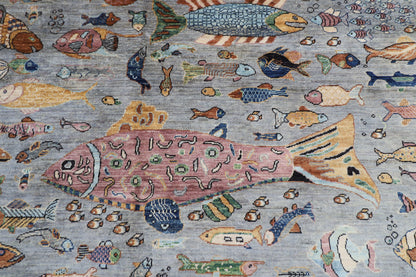 197 x 295 cm | Tribal Fish Gray Area Rug Afghan Hand Knotted Veg Dye Wool carpet