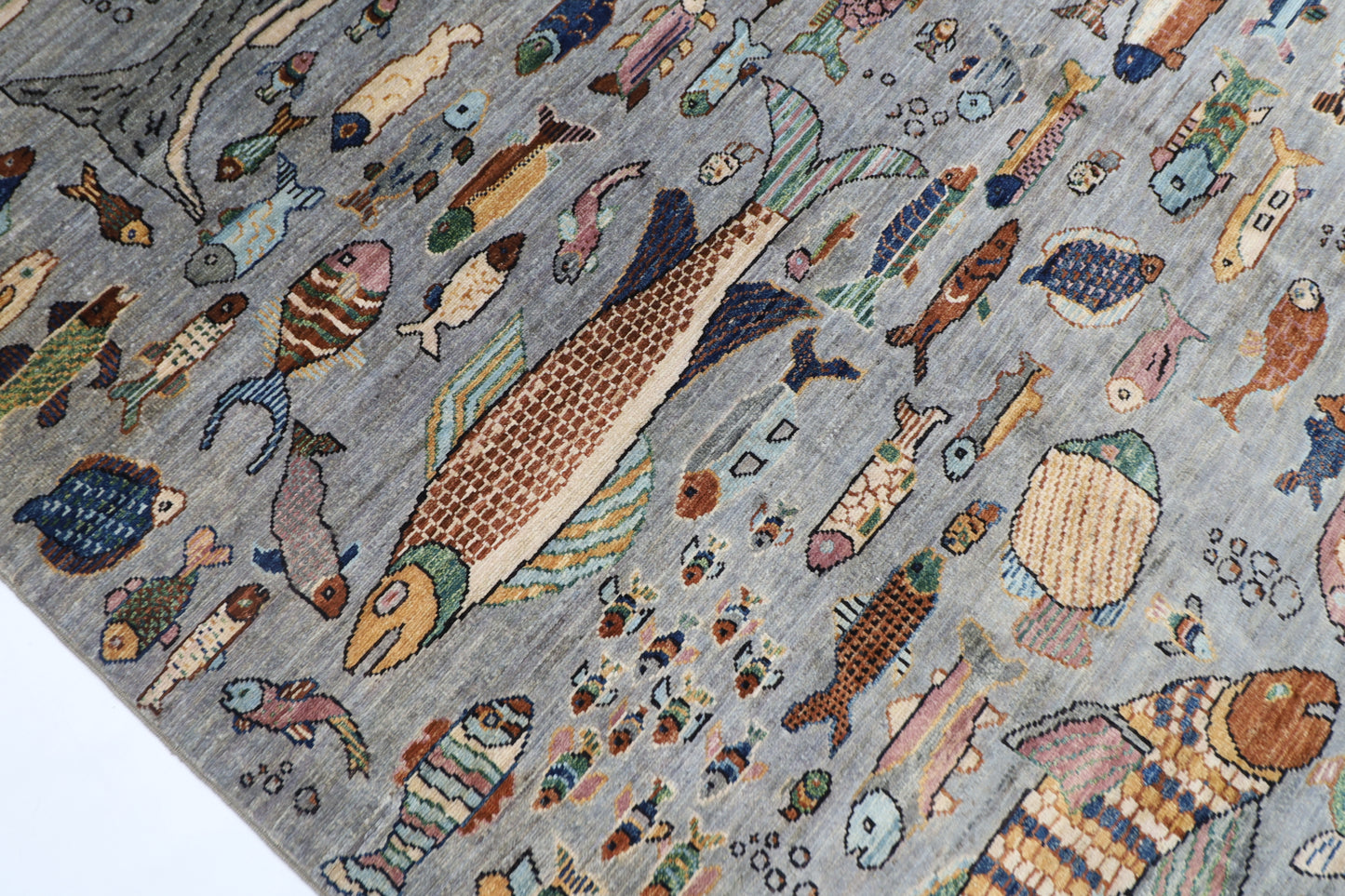 197 x 295 cm | Tribal Fish Gray Area Rug Afghan Hand Knotted Veg Dye Wool carpet