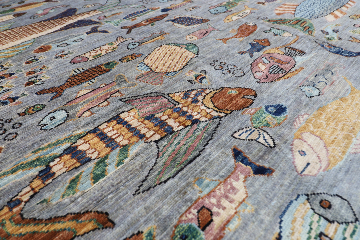 197 x 295 cm | Tribal Fish Gray Area Rug Afghan Hand Knotted Veg Dye Wool carpet