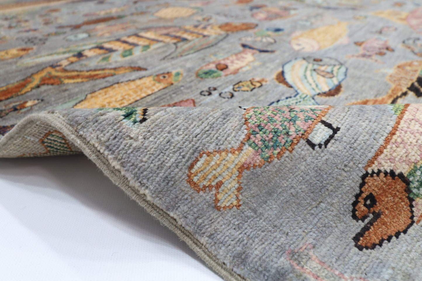 197 x 295 cm | Tribal Fish Gray Area Rug Afghan Hand Knotted Veg Dye Wool carpet