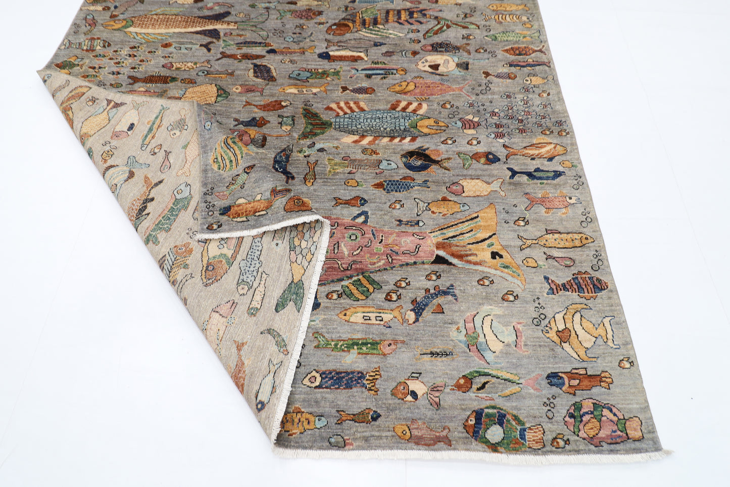 197 x 295 cm | Tribal Fish Gray Area Rug Afghan Hand Knotted Veg Dye Wool carpet