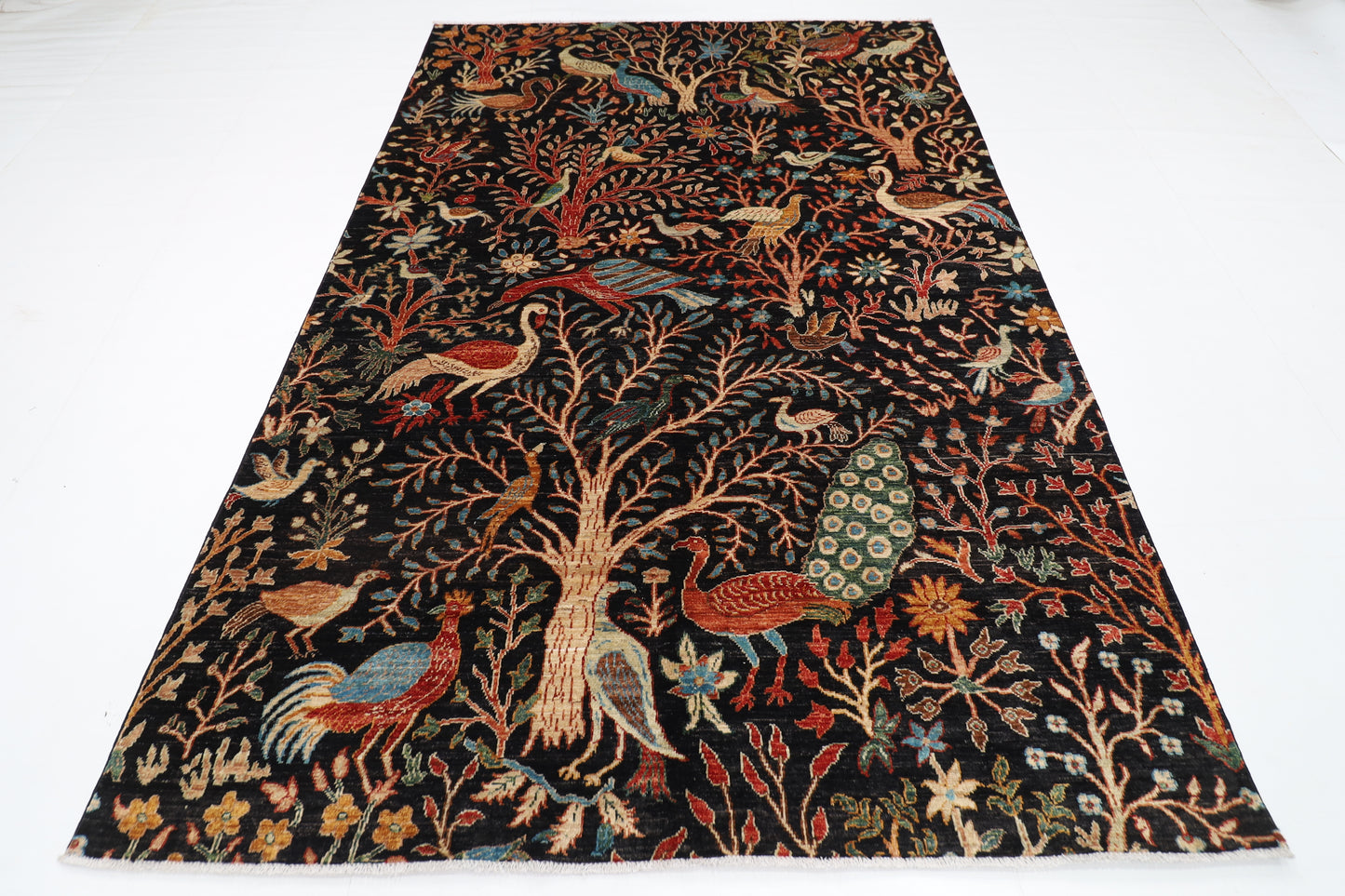185 x 275 cm | Tribal Birds Black Area Rug Afghan Hand Knotted Veg Dye Wool carpet
