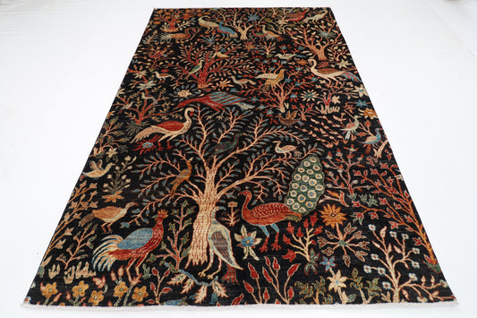 185 x 275 cm | Tribal Birds Black Area Rug Afghan Hand Knotted Veg Dye Wool carpet