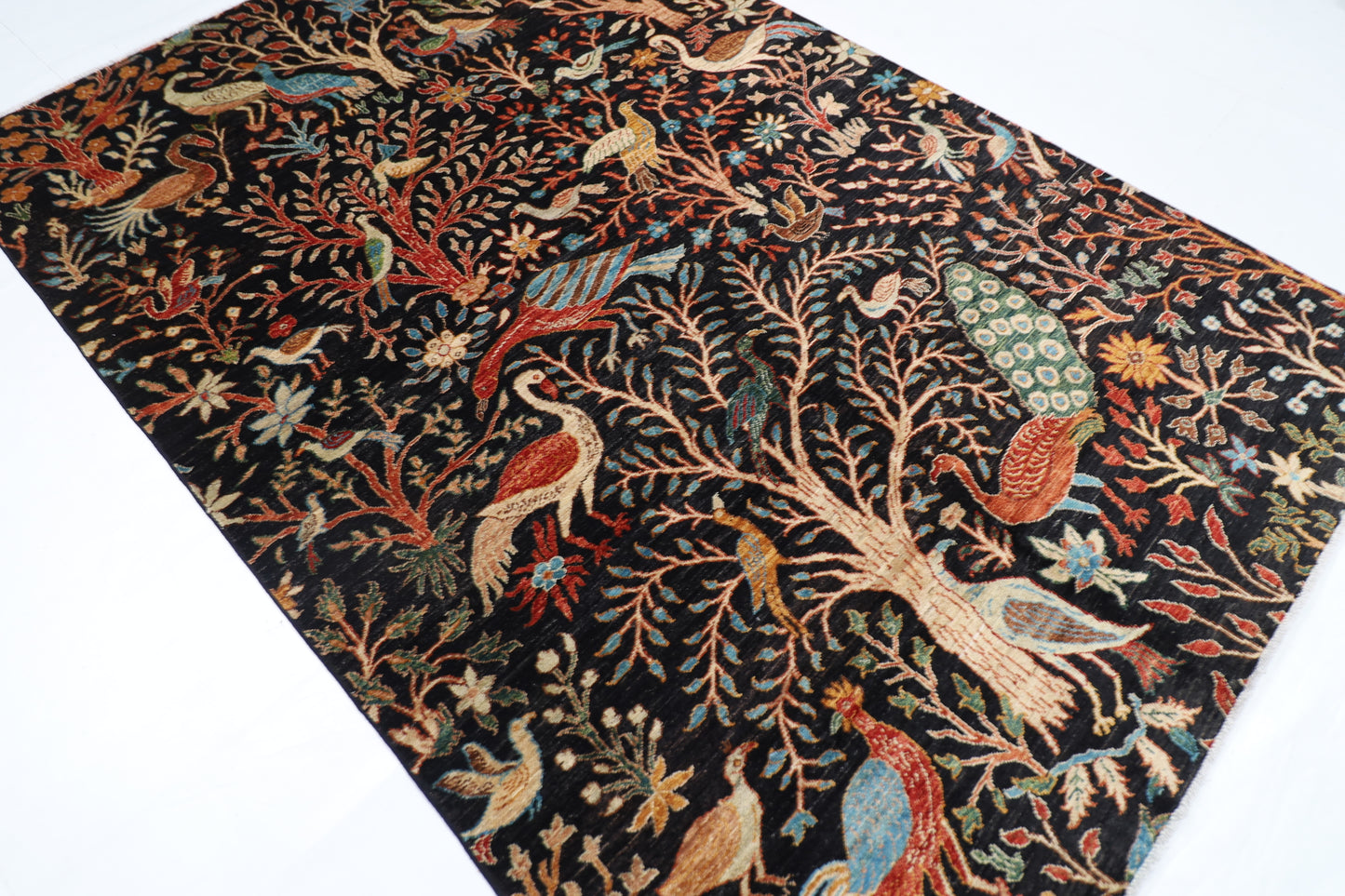 185 x 275 cm | Tribal Birds Black Area Rug Afghan Hand Knotted Veg Dye Wool carpet