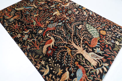 185 x 275 cm | Tribal Birds Black Area Rug Afghan Hand Knotted Veg Dye Wool carpet